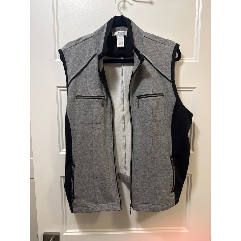D&D Lifestyle Petites Womens Gray Black Zip Up Vest PXL Pockets Knit Layering
